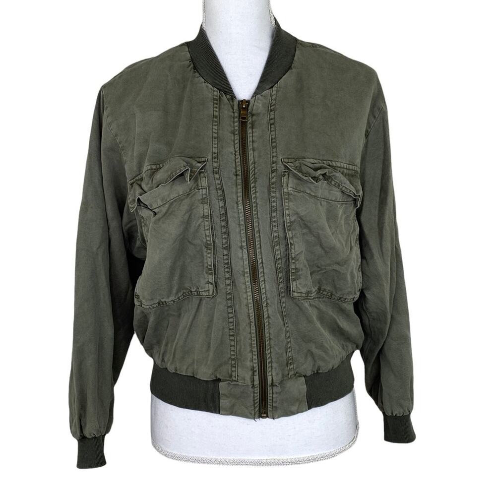 Young Fabulous & Broke Cropped Bomber Jacket Olive Green Size M Tencel